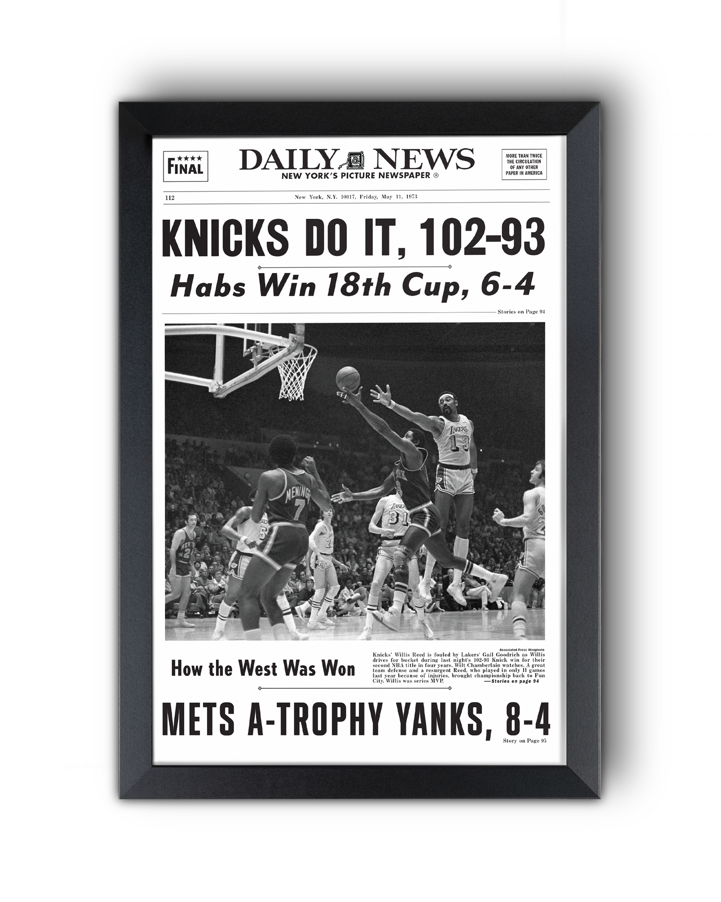 1973 New York Knicks “Knicks Do It!” NBA Champions vs Lakers Historic Framed Newspaper
