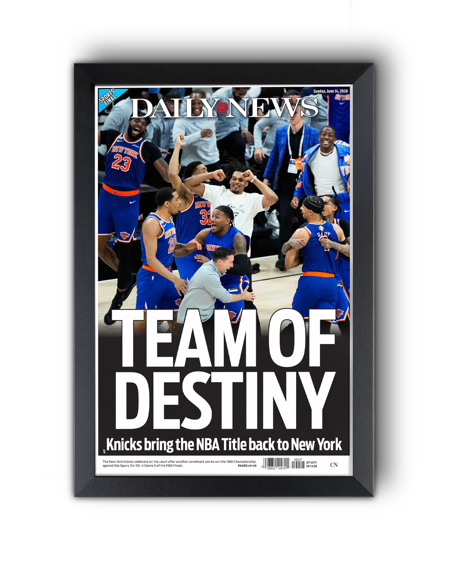 2026 New York Knicks “Team of Destiny” Win NBA Champions vs Spurs Framed Newspaper