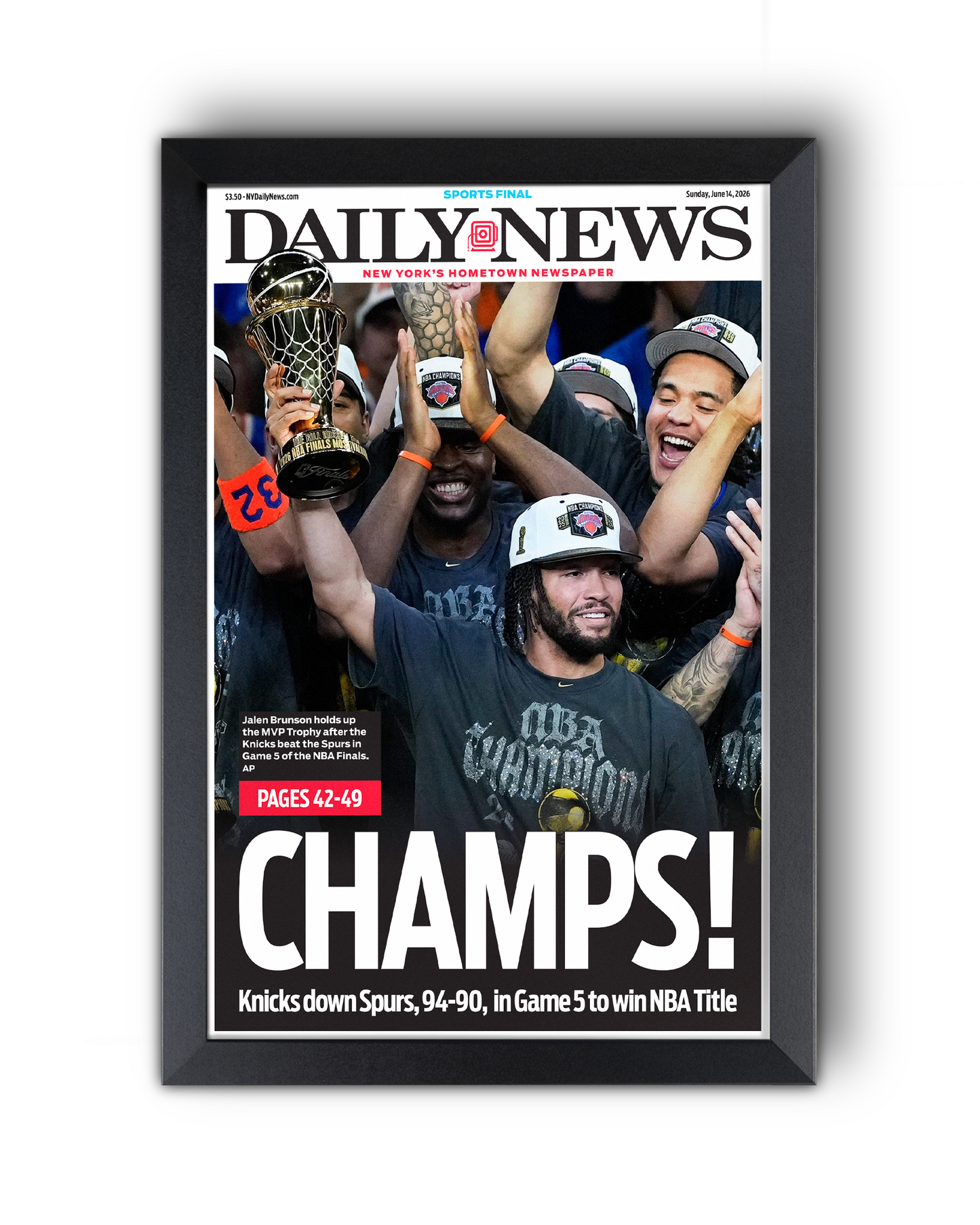 2026 New York Knicks “CHAMPS!” Greatest Comeback Game 5 NBA Champions vs Spurs Framed Newspaper