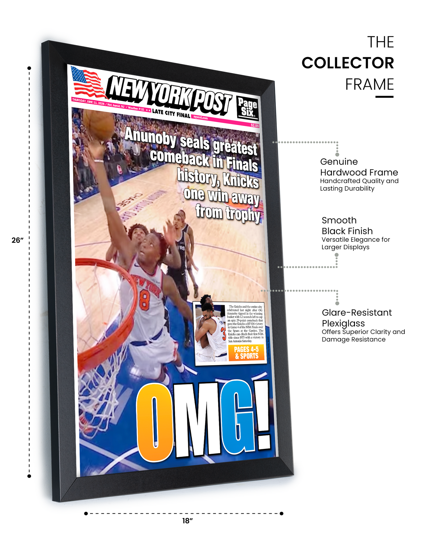 2026 New York Knicks “OMG!” OG Anunoby Game 4 Finals Comeback Tip vs Spurs Framed Newspaper