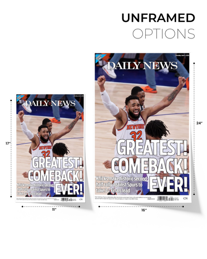 2026 New York Knicks “Greatest Comeback Ever!” NBA Finals Game 4 Rally vs Spurs Framed Newspaper