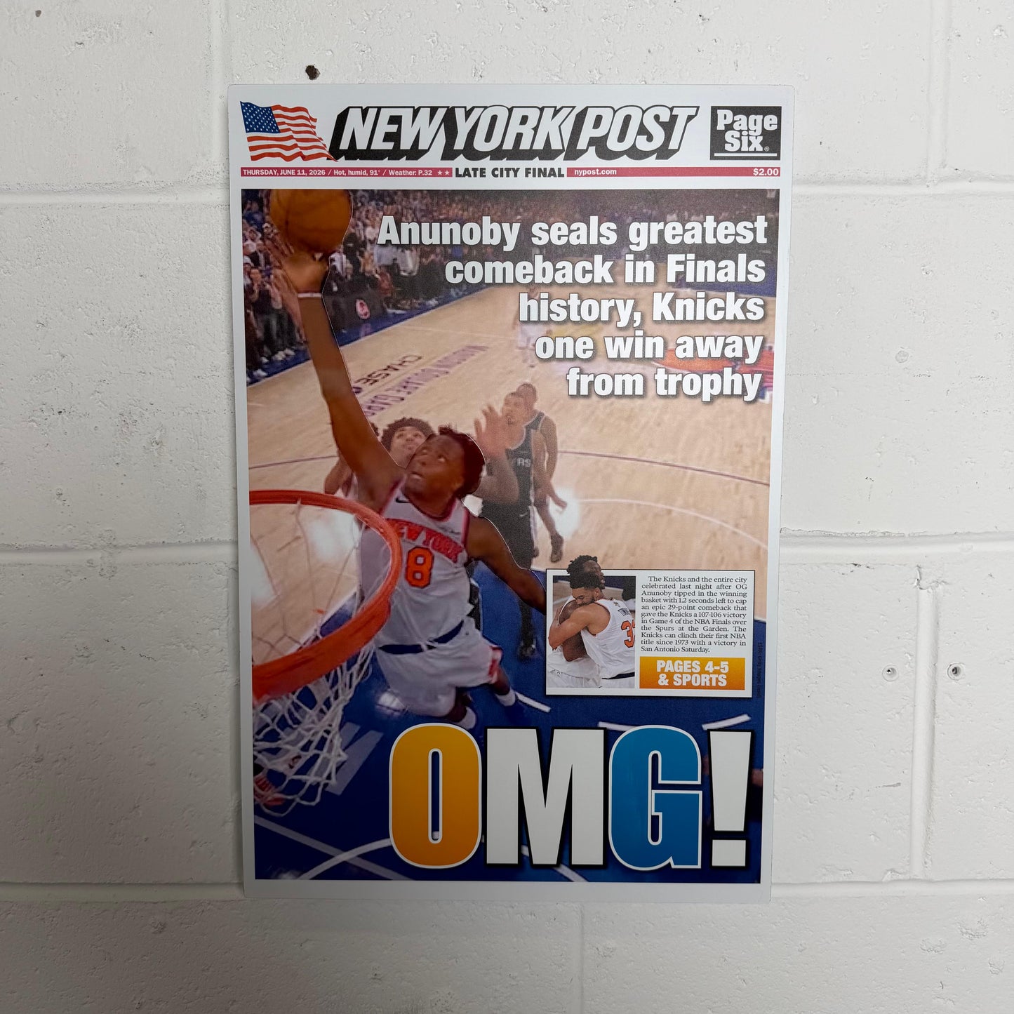 2026 Knicks “OMG!” Metal 3D Newspaper Historic NBA Finals Game 4 Comeback Vs Spurs